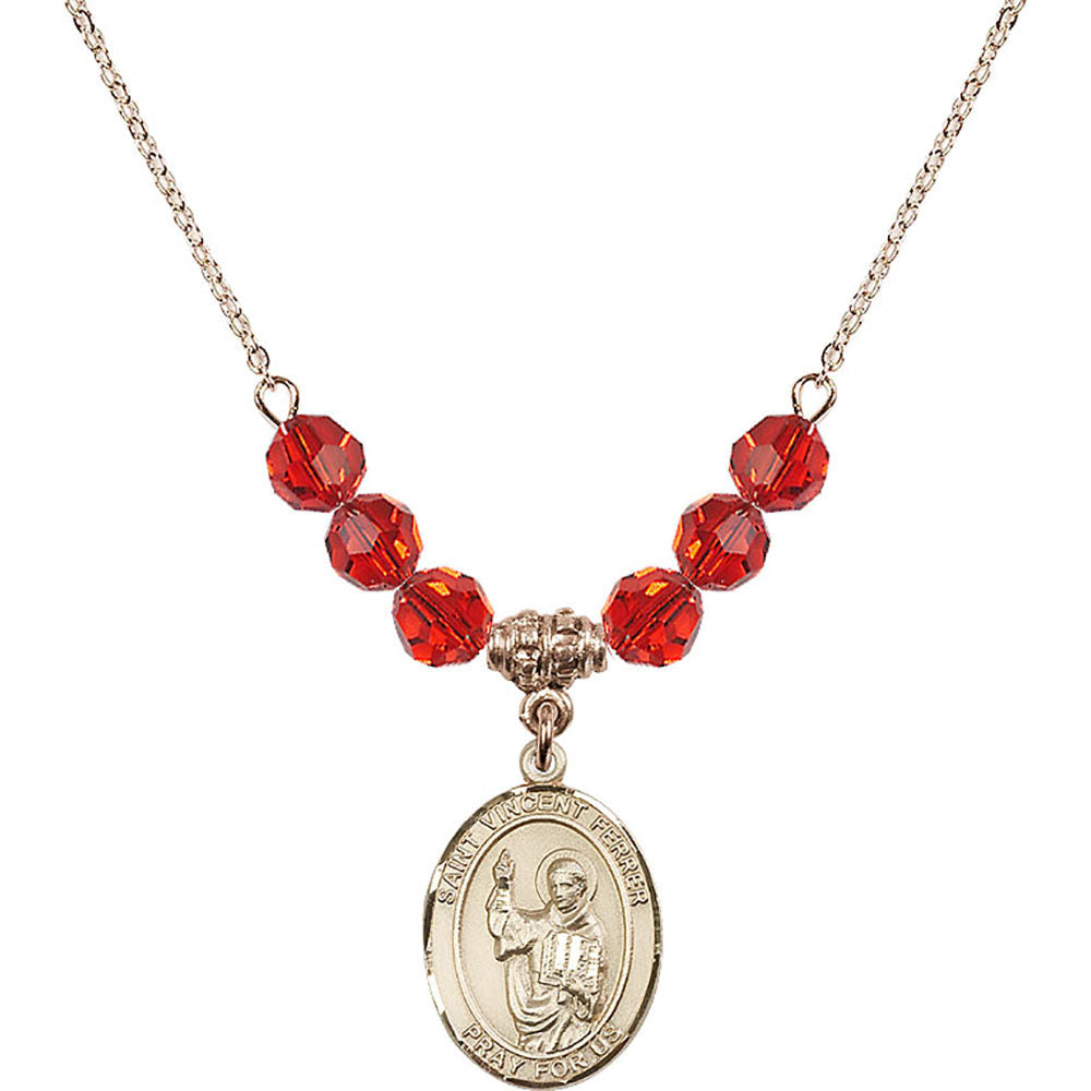 14kt Gold Filled Saint Vincent Ferrer Birthstone Necklace with Ruby Beads - 8201