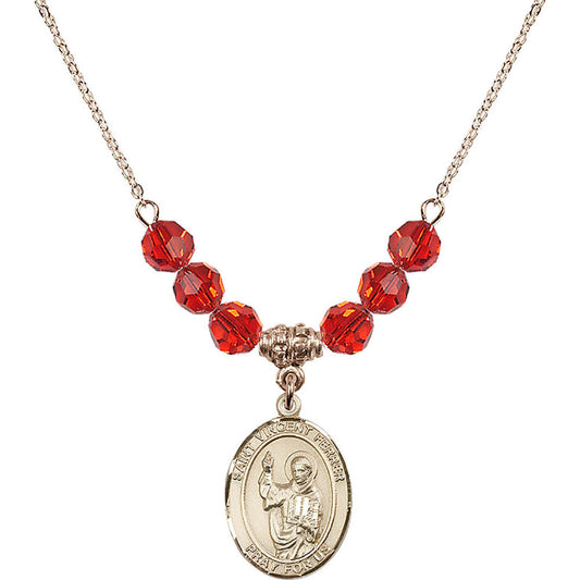 14kt Gold Filled Saint Vincent Ferrer Birthstone Necklace with Ruby Beads - 8201