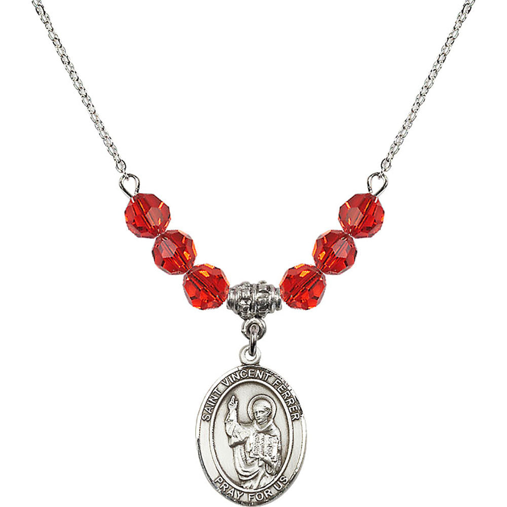 Sterling Silver Saint Vincent Ferrer Birthstone Necklace with Ruby Beads - 8201