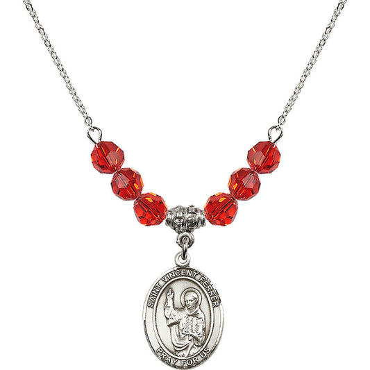 Sterling Silver Saint Vincent Ferrer Birthstone Necklace with Ruby Beads - 8201