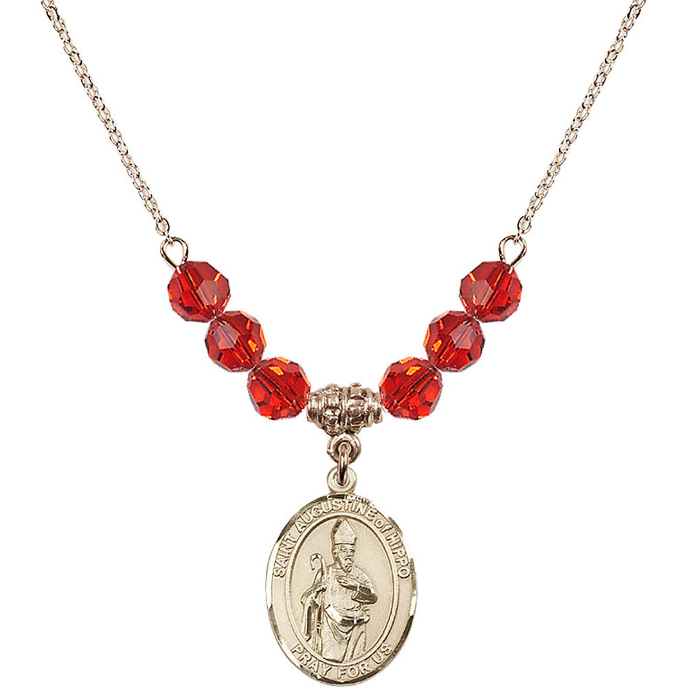 14kt Gold Filled Saint Augustine of Hippo Birthstone Necklace with Ruby Beads - 8202