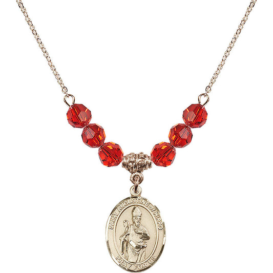 14kt Gold Filled Saint Augustine of Hippo Birthstone Necklace with Ruby Beads - 8202