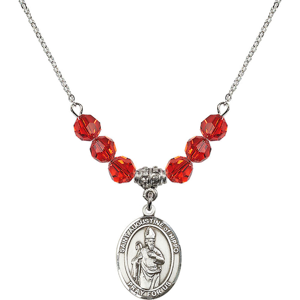 Sterling Silver Saint Augustine of Hippo Birthstone Necklace with Ruby Beads - 8202