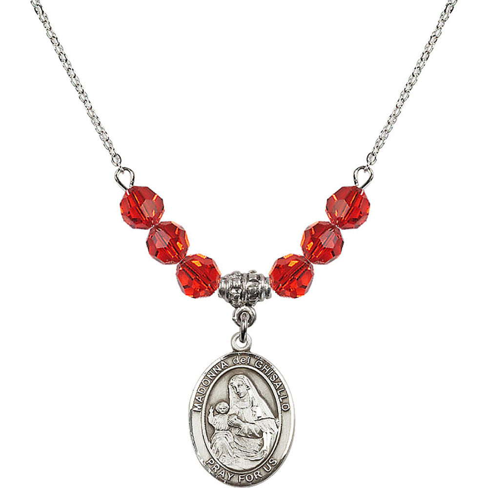 Sterling Silver Madonna del Ghisallo Birthstone Necklace with Ruby Beads - 8203