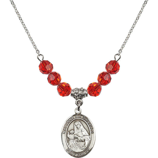 Sterling Silver Madonna del Ghisallo Birthstone Necklace with Ruby Beads - 8203