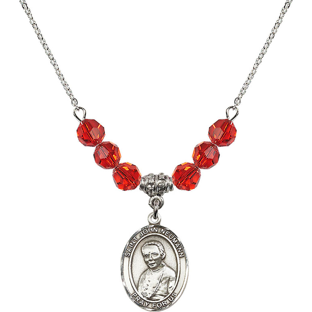 Sterling Silver Saint John Neumann Birthstone Necklace with Ruby Beads - 8204