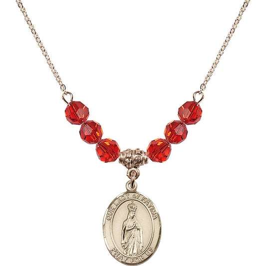 14kt Gold Filled Our Lady of Fatima Birthstone Necklace with Ruby Beads - 8205