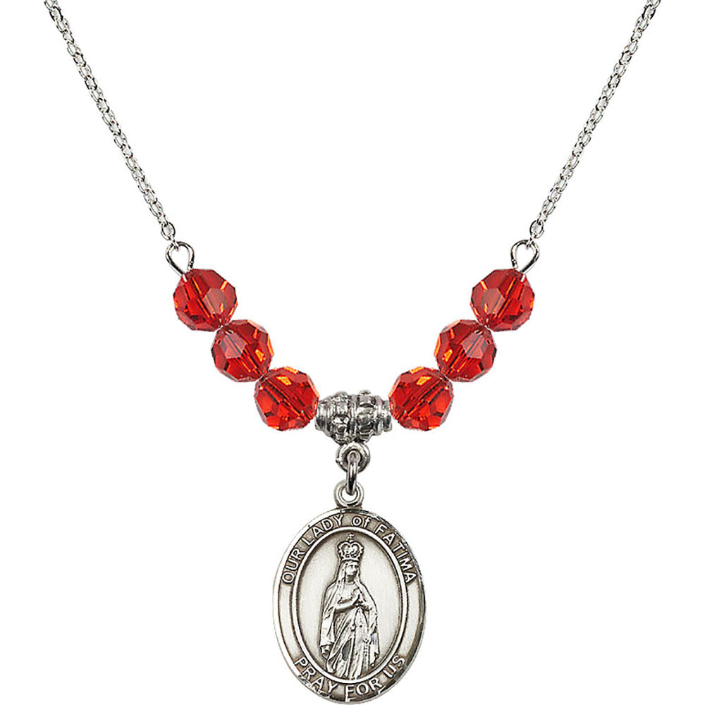 Sterling Silver Our Lady of Fatima Birthstone Necklace with Ruby Beads - 8205