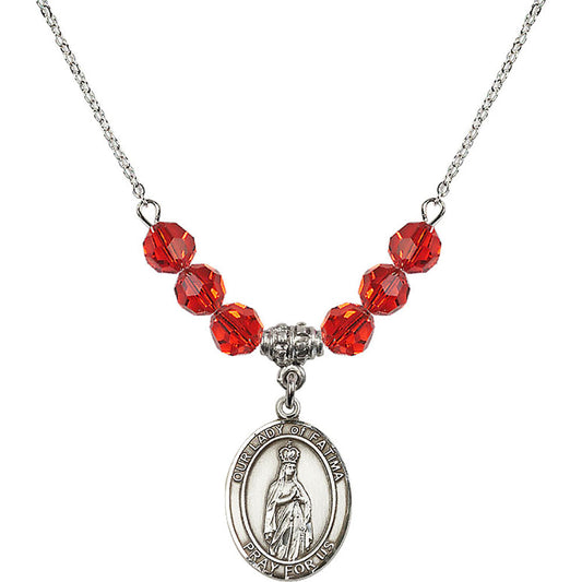 Sterling Silver Our Lady of Fatima Birthstone Necklace with Ruby Beads - 8205