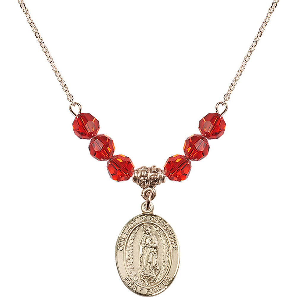 14kt Gold Filled Our Lady of Guadalupe Birthstone Necklace with Ruby Beads - 8206