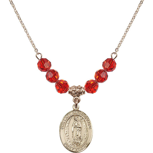 14kt Gold Filled Our Lady of Guadalupe Birthstone Necklace with Ruby Beads - 8206