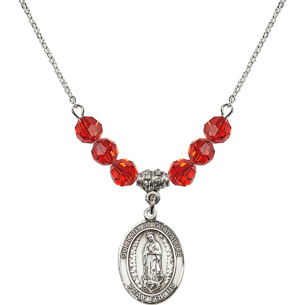 Sterling Silver Our Lady of Guadalupe Birthstone Necklace with Ruby Beads - 8206