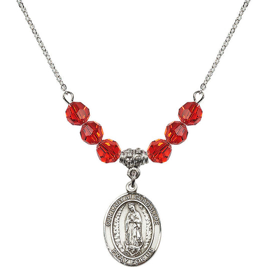 Sterling Silver Our Lady of Guadalupe Birthstone Necklace with Ruby Beads - 8206
