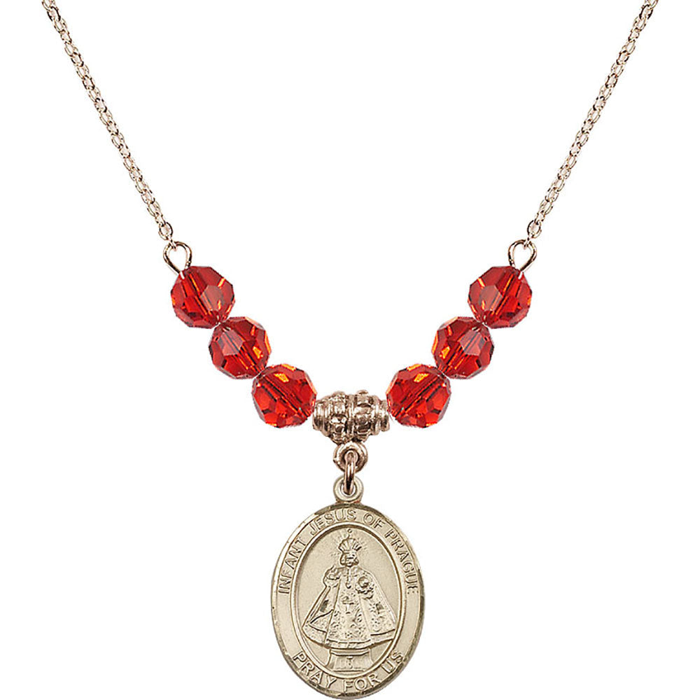 14kt Gold Filled Infant of Prague Birthstone Necklace with Ruby Beads - 8207