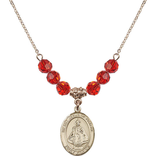 14kt Gold Filled Infant of Prague Birthstone Necklace with Ruby Beads - 8207