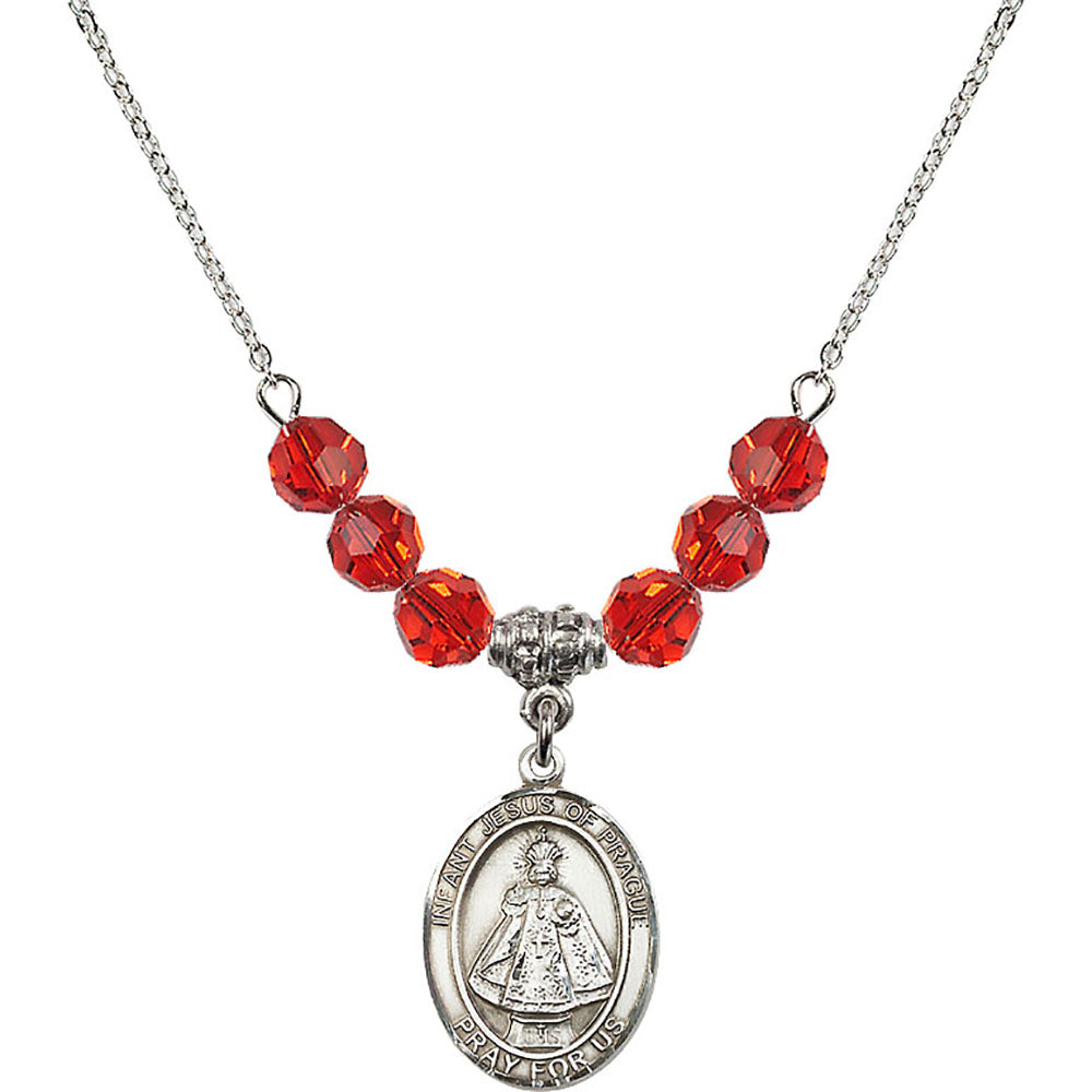 Sterling Silver Infant of Prague Birthstone Necklace with Ruby Beads - 8207