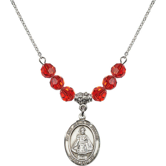 Sterling Silver Infant of Prague Birthstone Necklace with Ruby Beads - 8207