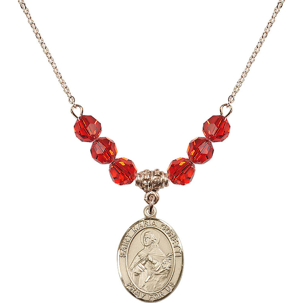 14kt Gold Filled Saint Maria Goretti Birthstone Necklace with Ruby Beads - 8208
