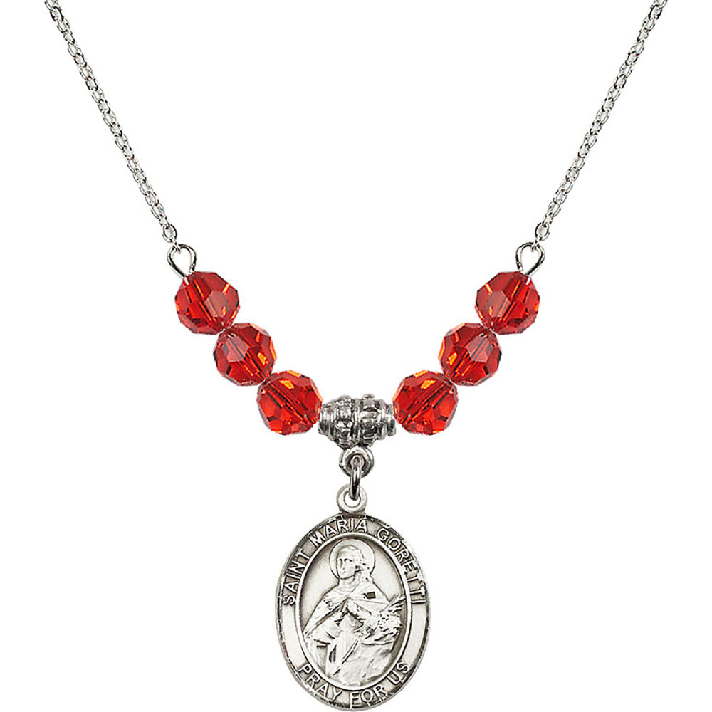 Sterling Silver Saint Maria Goretti Birthstone Necklace with Ruby Beads - 8208