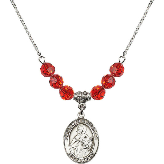 Sterling Silver Saint Maria Goretti Birthstone Necklace with Ruby Beads - 8208