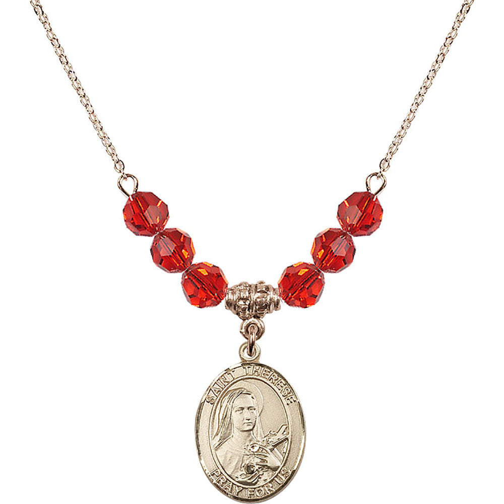 14kt Gold Filled Saint Therese of Lisieux Birthstone Necklace with Ruby Beads - 8210