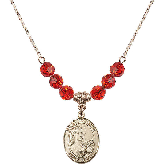 14kt Gold Filled Saint Therese of Lisieux Birthstone Necklace with Ruby Beads - 8210