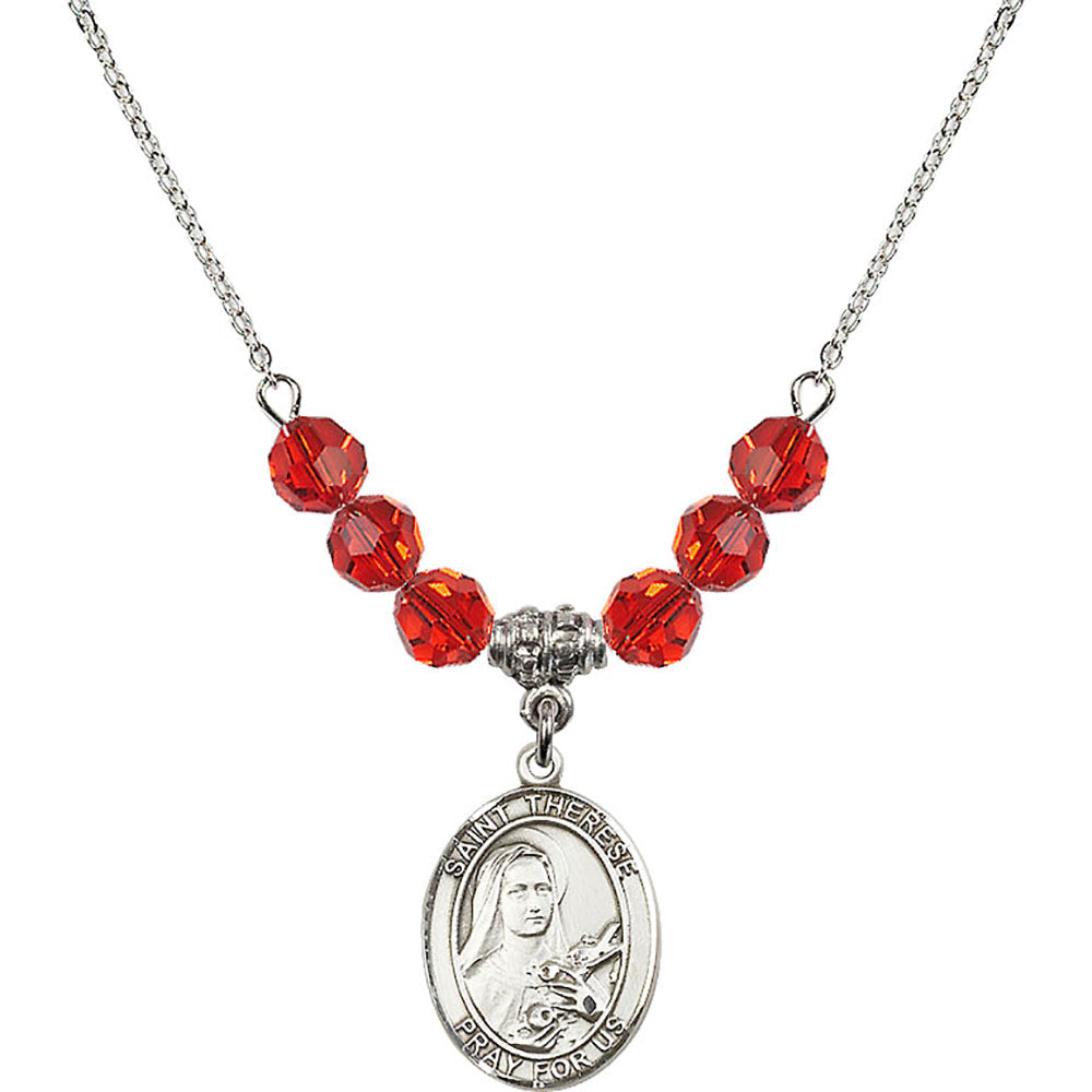 Sterling Silver Saint Therese of Lisieux Birthstone Necklace with Ruby Beads - 8210