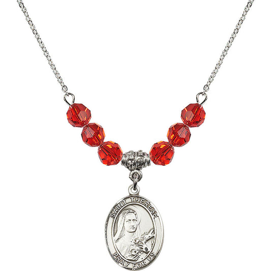 Sterling Silver Saint Therese of Lisieux Birthstone Necklace with Ruby Beads - 8210