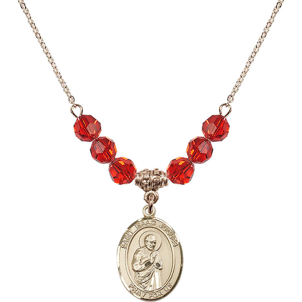 14kt Gold Filled Saint Isaac Jogues Birthstone Necklace with Ruby Beads - 8212
