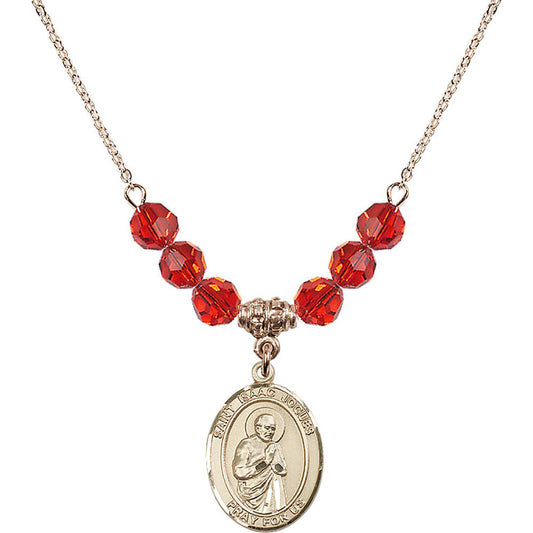14kt Gold Filled Saint Isaac Jogues Birthstone Necklace with Ruby Beads - 8212
