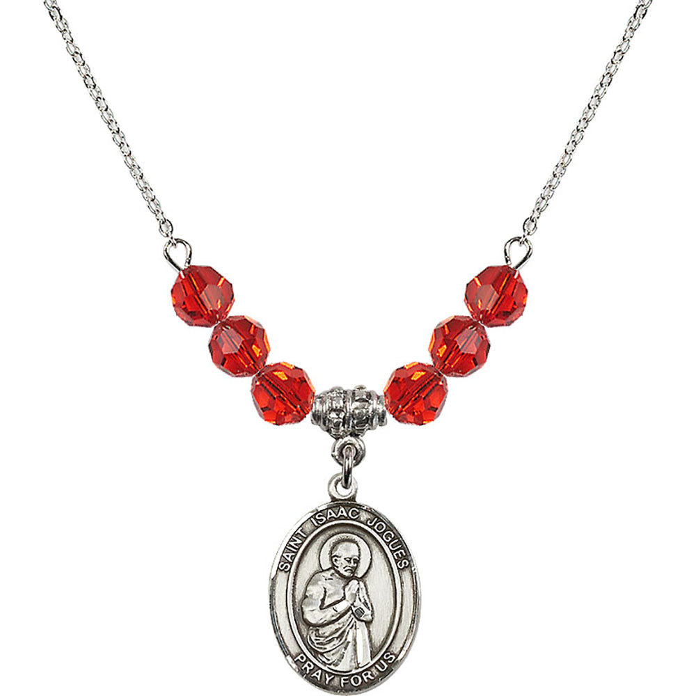 Sterling Silver Saint Isaac Jogues Birthstone Necklace with Ruby Beads - 8212