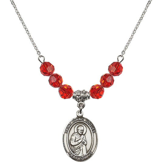 Sterling Silver Saint Isaac Jogues Birthstone Necklace with Ruby Beads - 8212