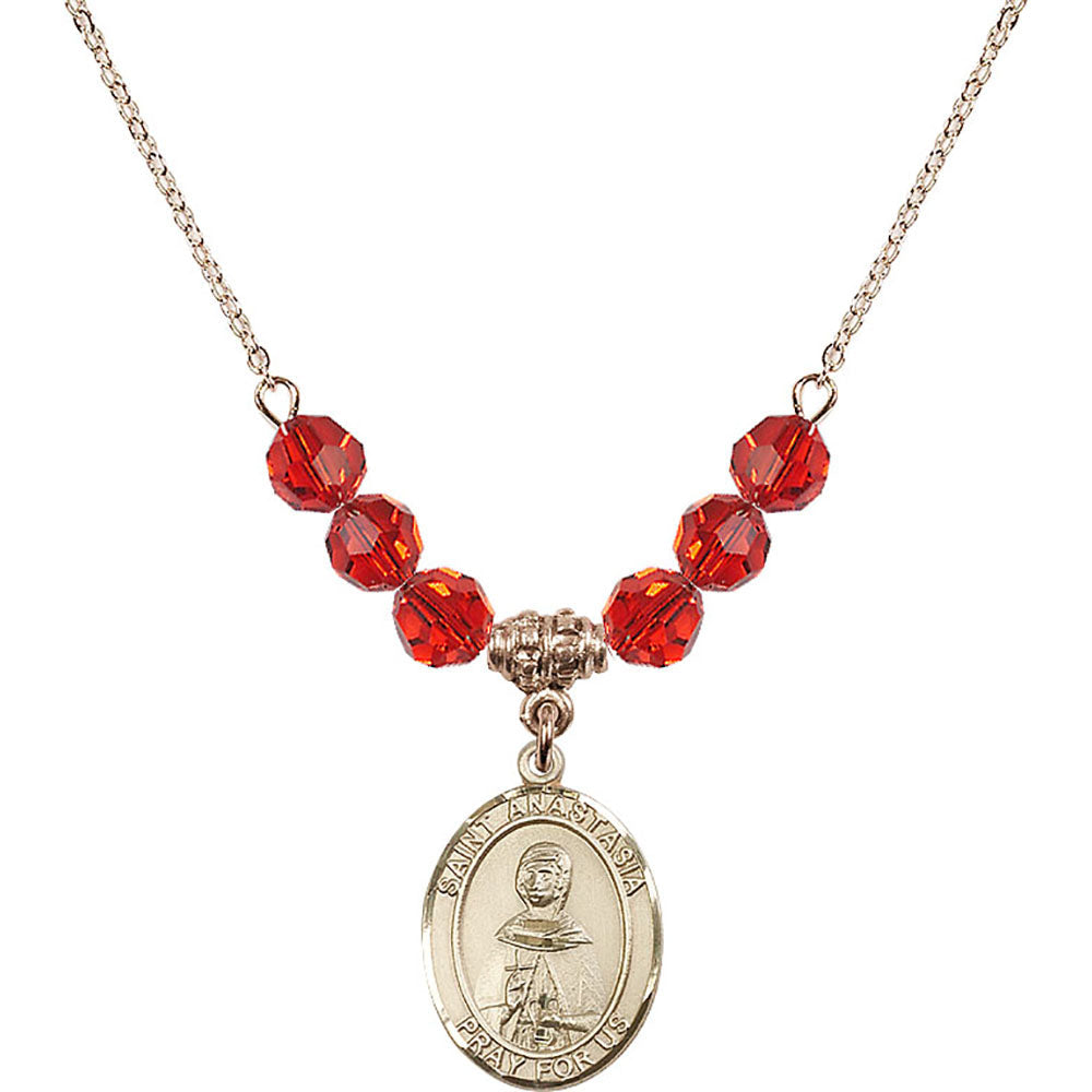 14kt Gold Filled Saint Anastasia Birthstone Necklace with Ruby Beads - 8213