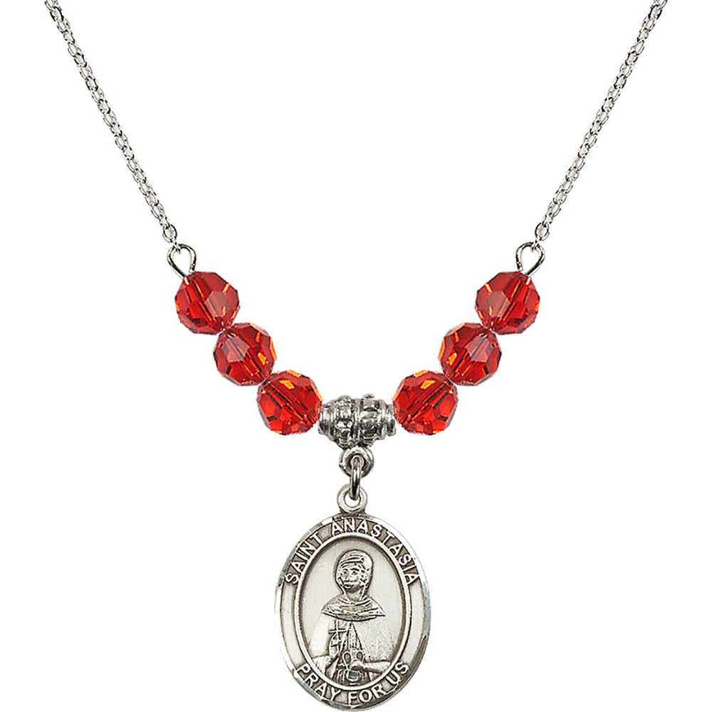 Sterling Silver Saint Anastasia Birthstone Necklace with Ruby Beads - 8213