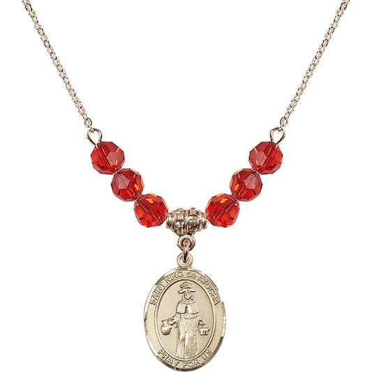 14kt Gold Filled Saint Nino de Atocha Birthstone Necklace with Ruby Beads - 8214