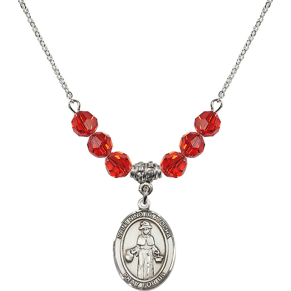 Sterling Silver Saint Nino de Atocha Birthstone Necklace with Ruby Beads - 8214