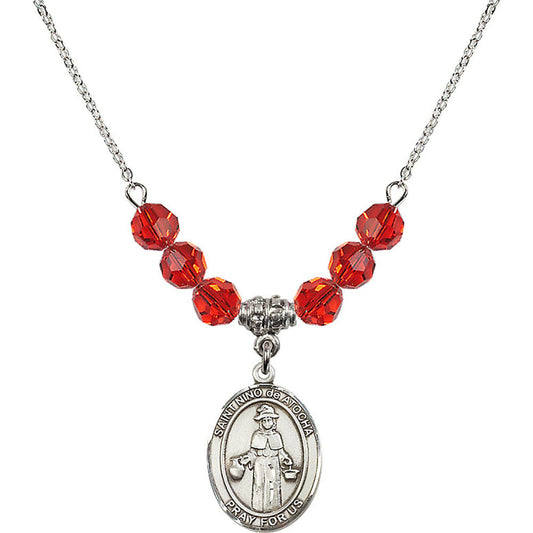Sterling Silver Saint Nino de Atocha Birthstone Necklace with Ruby Beads - 8214