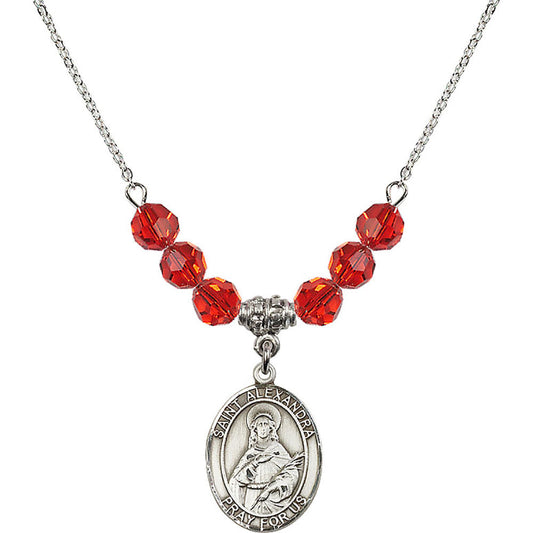 Sterling Silver Saint Alexandra Birthstone Necklace with Ruby Beads - 8215