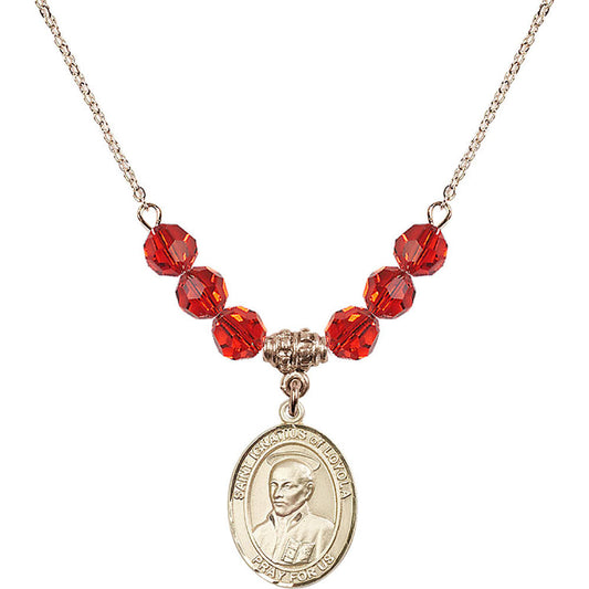 14kt Gold Filled Saint Ignatius of Loyola Birthstone Necklace with Ruby Beads - 8217