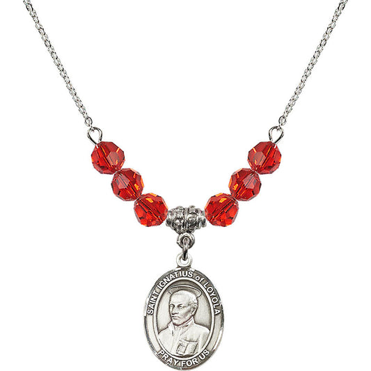 Sterling Silver Saint Ignatius of Loyola Birthstone Necklace with Ruby Beads - 8217