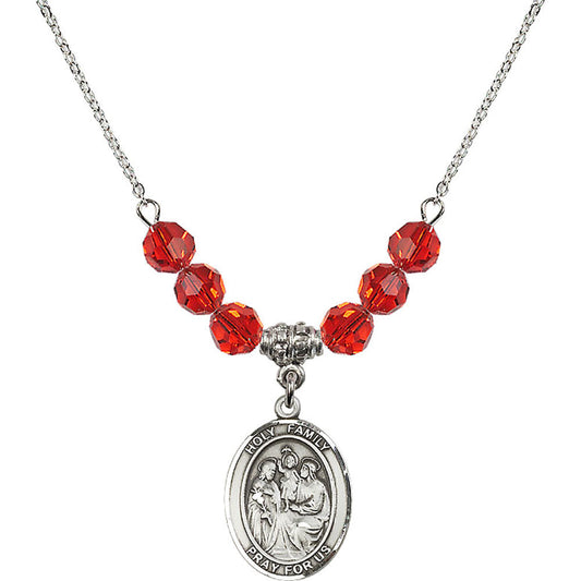 Sterling Silver Holy Family Birthstone Necklace with Ruby Beads - 8218