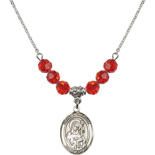 Sterling Silver Saint Gertrude of Nivelles Birthstone Necklace with Ruby Beads - 8219