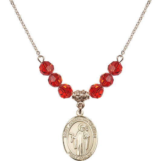 14kt Gold Filled Saint Joseph the Worker Birthstone Necklace with Ruby Beads - 8220