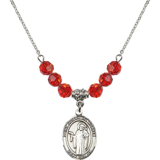 Sterling Silver Saint Joseph the Worker Birthstone Necklace with Ruby Beads - 8220