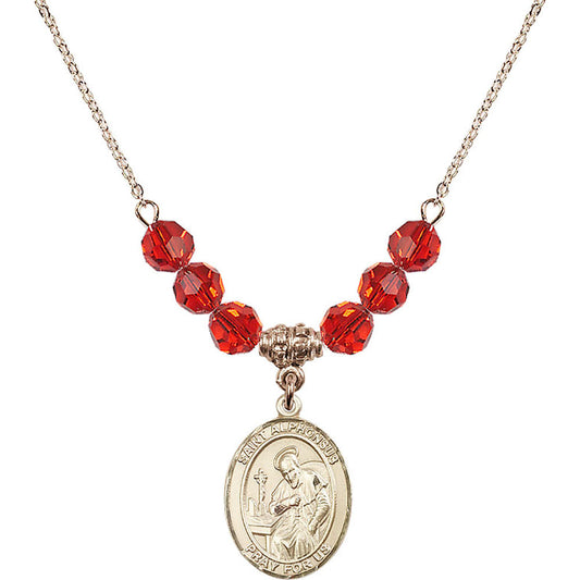 14kt Gold Filled Saint Alphonsus Birthstone Necklace with Ruby Beads - 8221