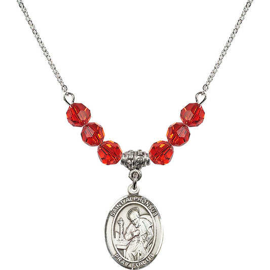 Sterling Silver Saint Alphonsus Birthstone Necklace with Ruby Beads - 8221