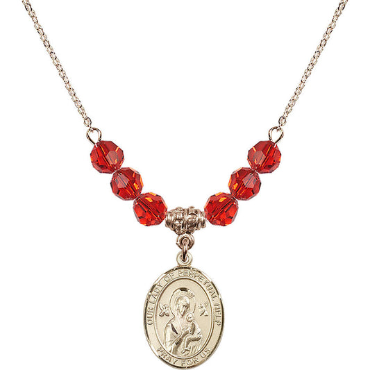 14kt Gold Filled Our Lady of Perpetual Help Birthstone Necklace with Ruby Beads - 8222