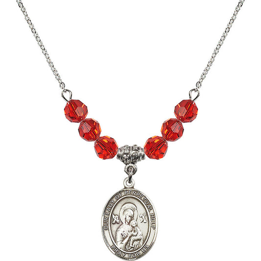 Sterling Silver Our Lady of Perpetual Help Birthstone Necklace with Ruby Beads - 8222