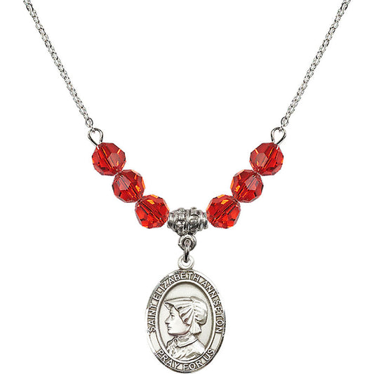 Sterling Silver Saint Elizabeth Ann Seton Birthstone Necklace with Ruby Beads - 8224