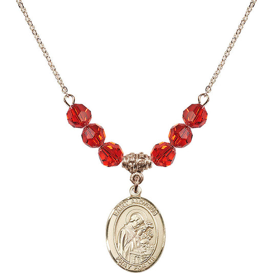 14kt Gold Filled Saint Aloysius Gonzaga Birthstone Necklace with Ruby Beads - 8225
